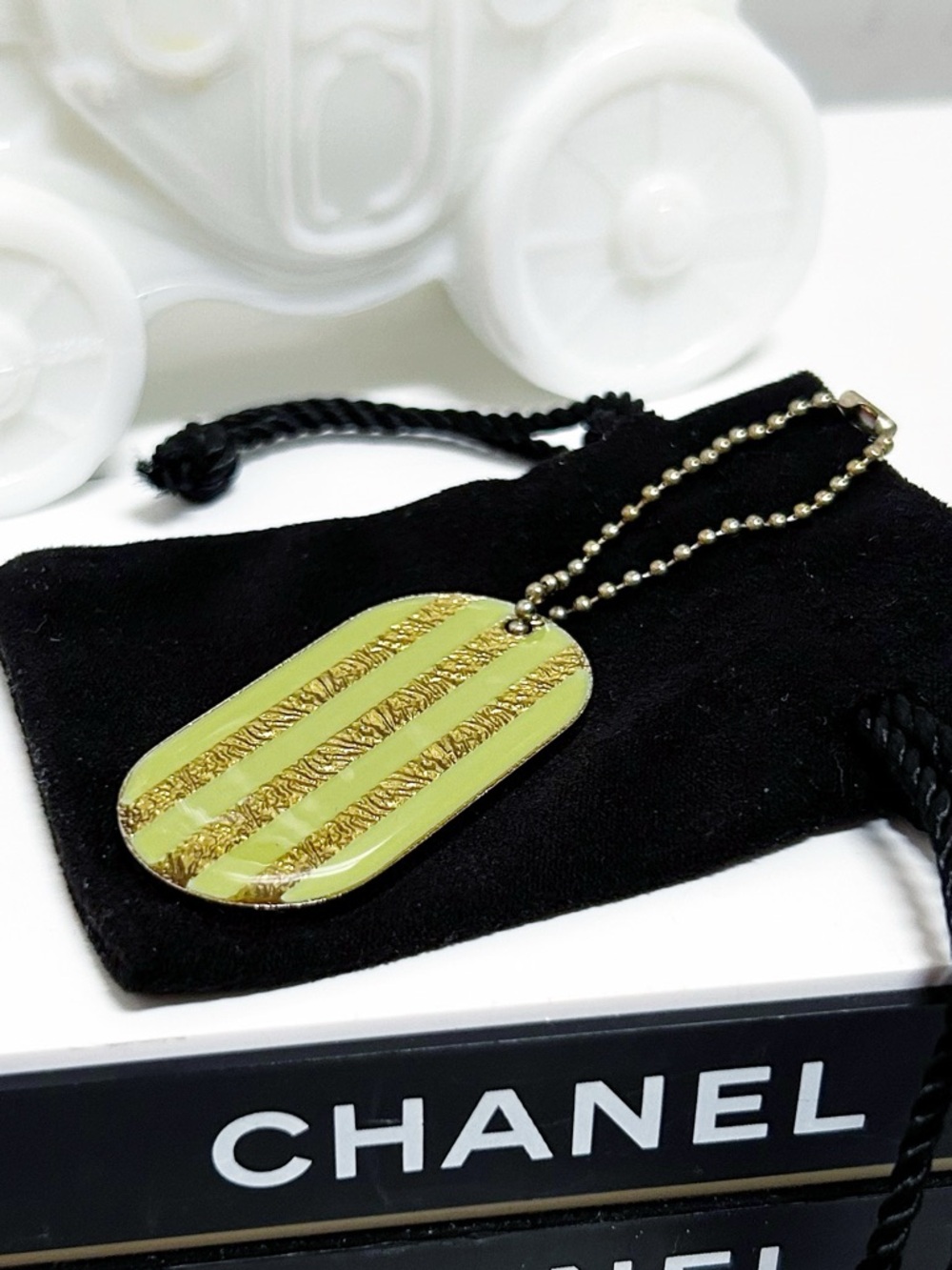 Authentic CHANEL Vintage Green & Gold Foil / Stripe Dog Tag Keychain / Bag Charm